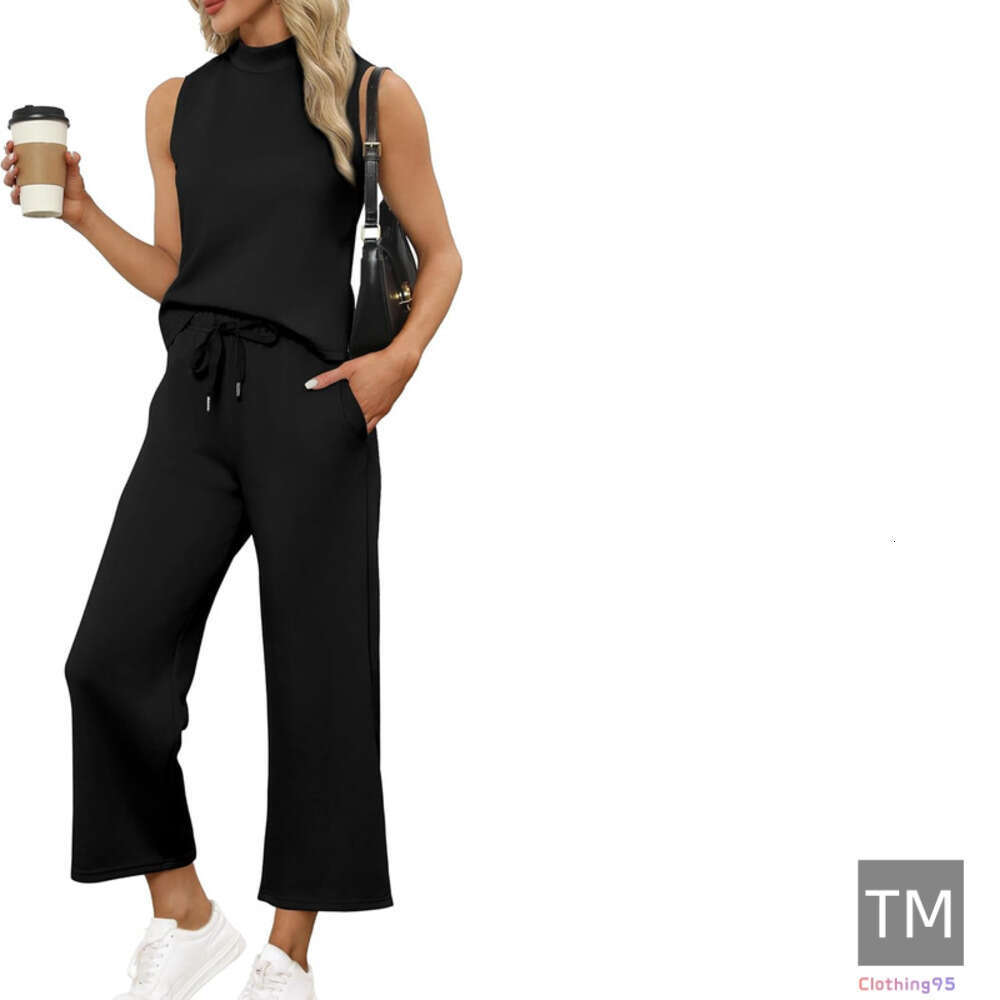 2025 Designer Women's Clothing Two Piece for Women Summer Lounge Sets Mock Neck Tops Wide Leg Crop Pants Vacation Travel Outfits Fast delivery