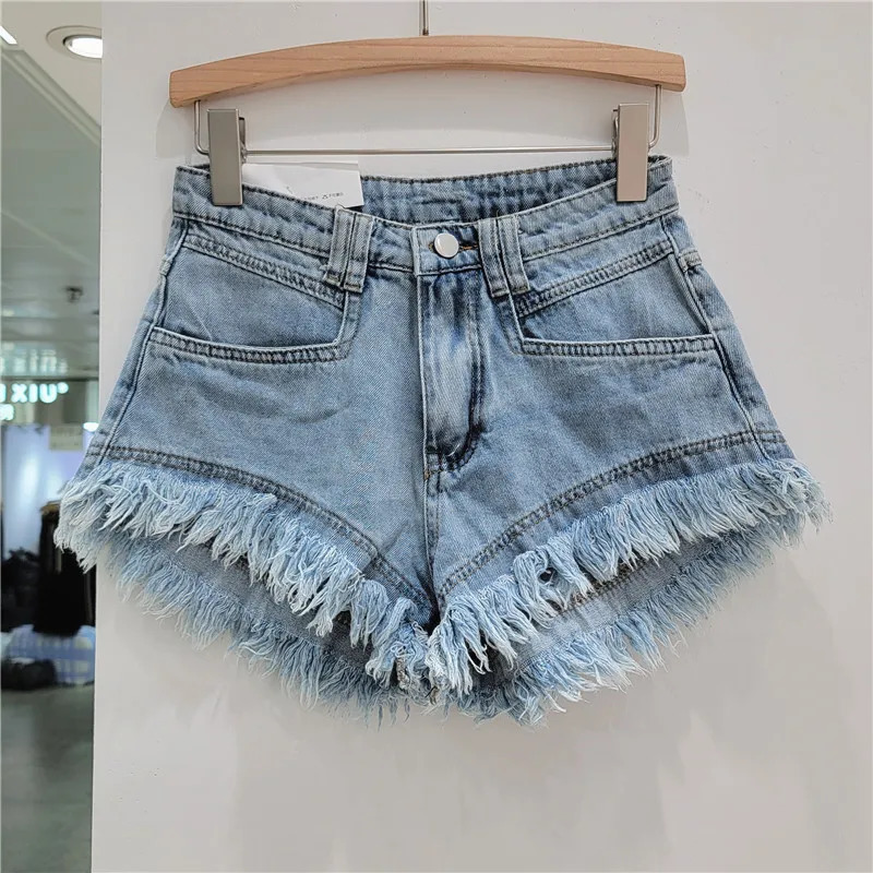 Orange Denim Shorts Women Green Pants Summer Womans Clothing All-Match Ins Fashion Wide-Leg Ripped Tassel Shorts 250614