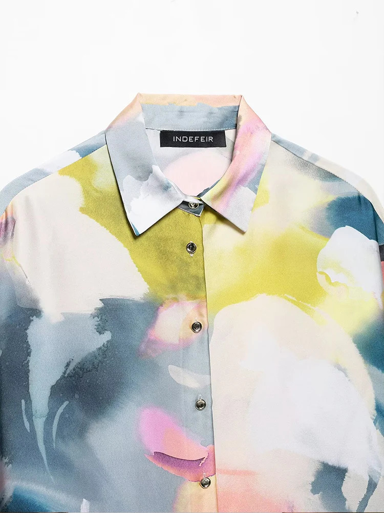 European and American style spring fashion womens clothing printed silk satin texture lapel casual longsleeved shirt 250617