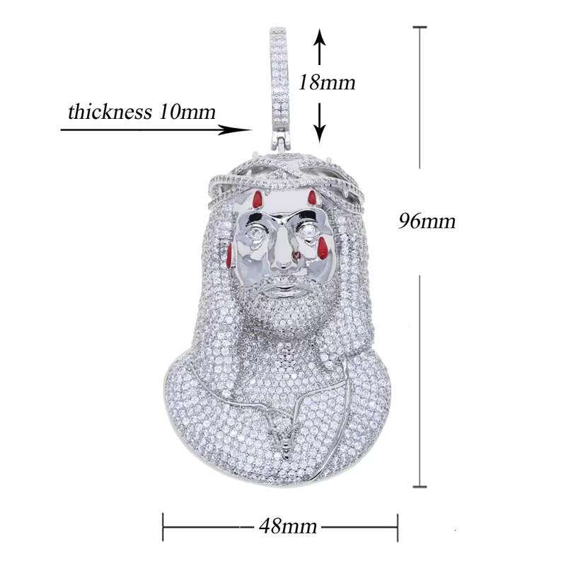 Huge Spooky Silver Jesus Head Bust Zircon Color Tears Thorny Crown Charm Iced Out Jumbo Pendant Cubic Zirconia Necklace