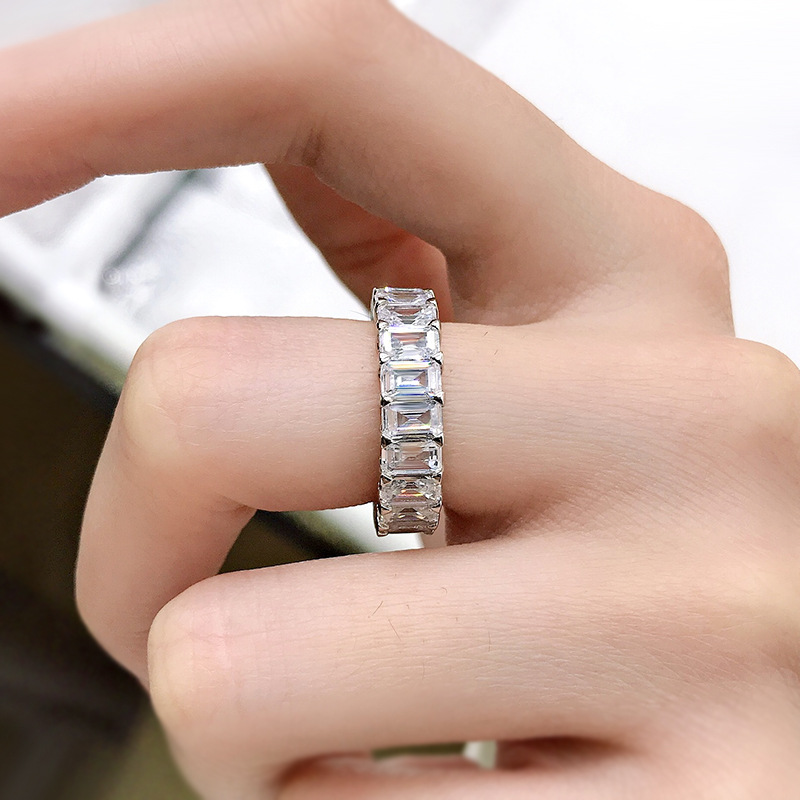 Moissanite Diamond Emerald Cut Eternity Band 925 Sterling Silver Wedding Moissanite Ring