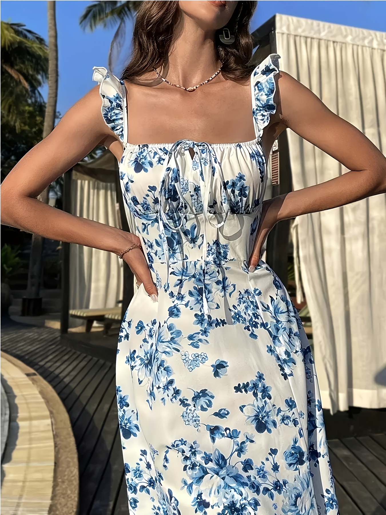X618Cross-border new hot selling fashion suspender floral dress summer high waist casual printed long skirt