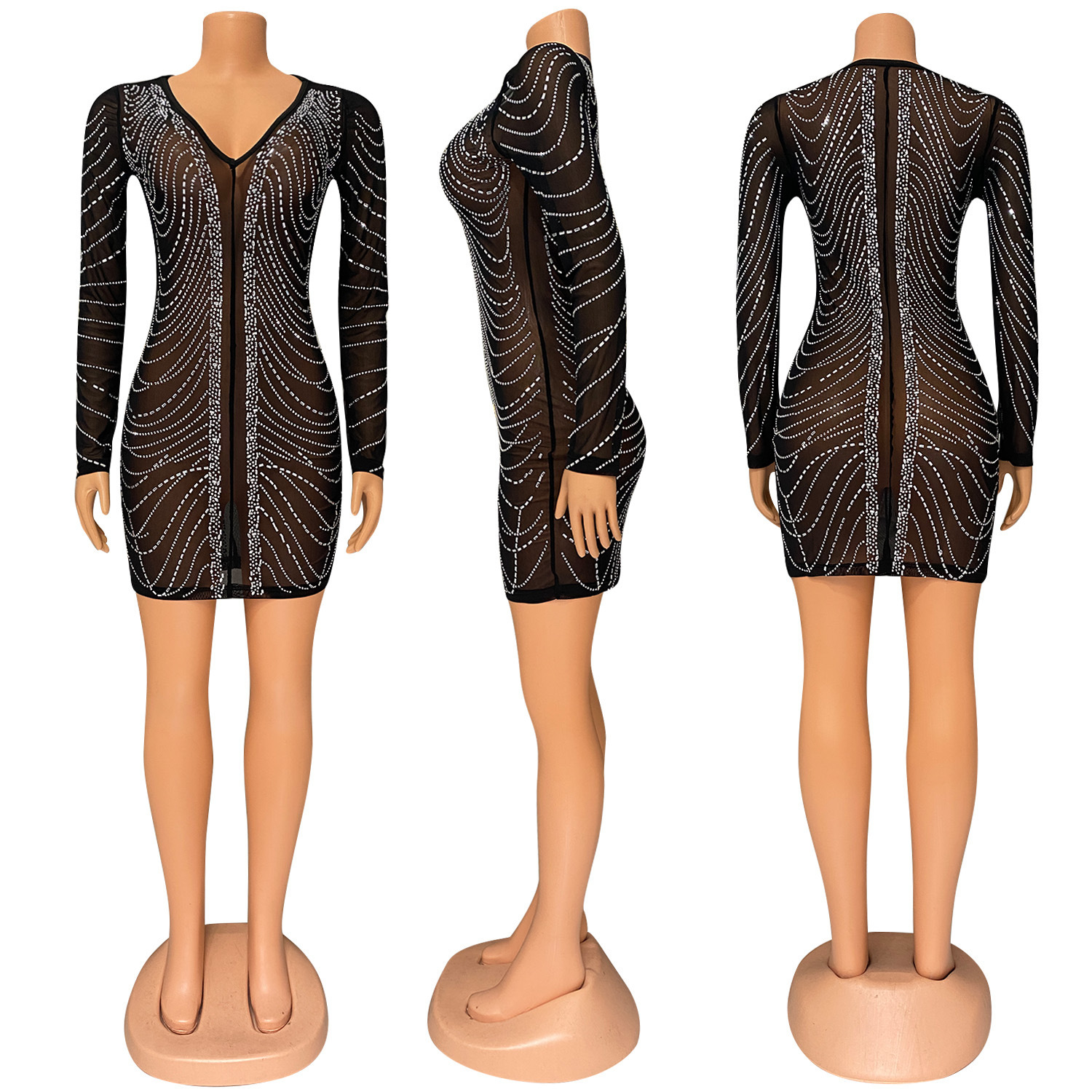Z2206 Autumn/Winter New Product Womens Sexy V-neck Mesh Hot Diamond Perspective Long sleeved Dress