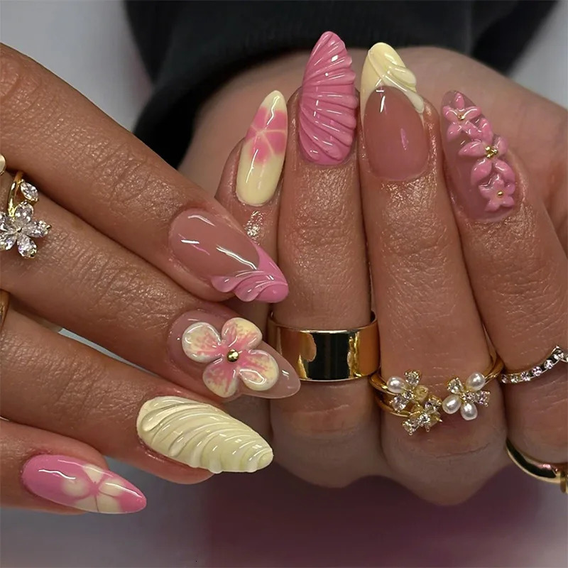 24pcs Almond False Nails Tips Summer Beach Colorful Nails Sets with Pearl Flower n Press on Nails Art Wearable Fake Nail 250611