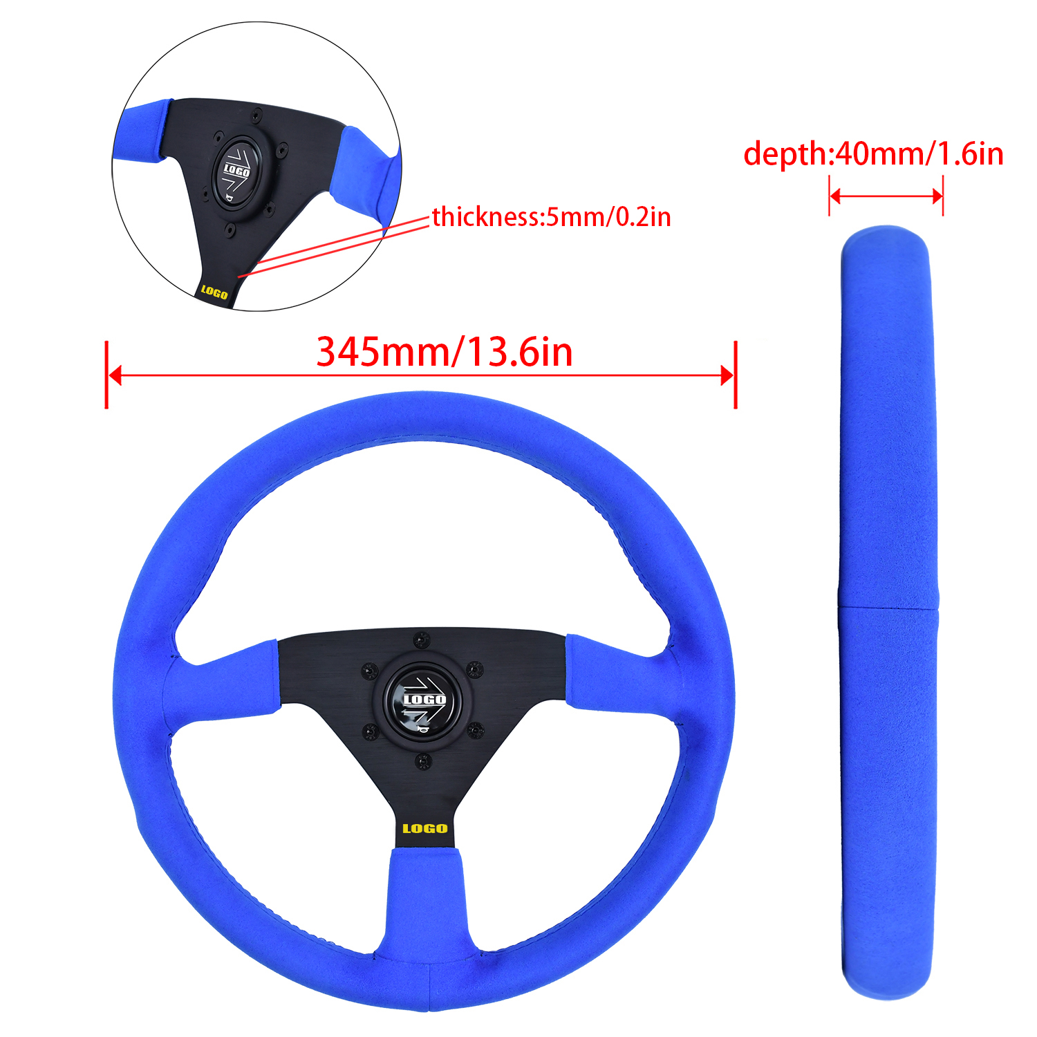 Universal 2025 New Design Custom High Quality Blue Suede 345mm 4cm Flat Deep Dish JDM Racing Modified Steering Wheel