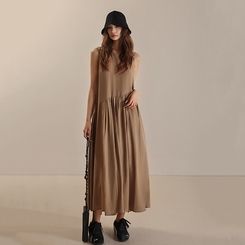 L11800 Sleeveless round neck irregular hem mid-length lyocell dress