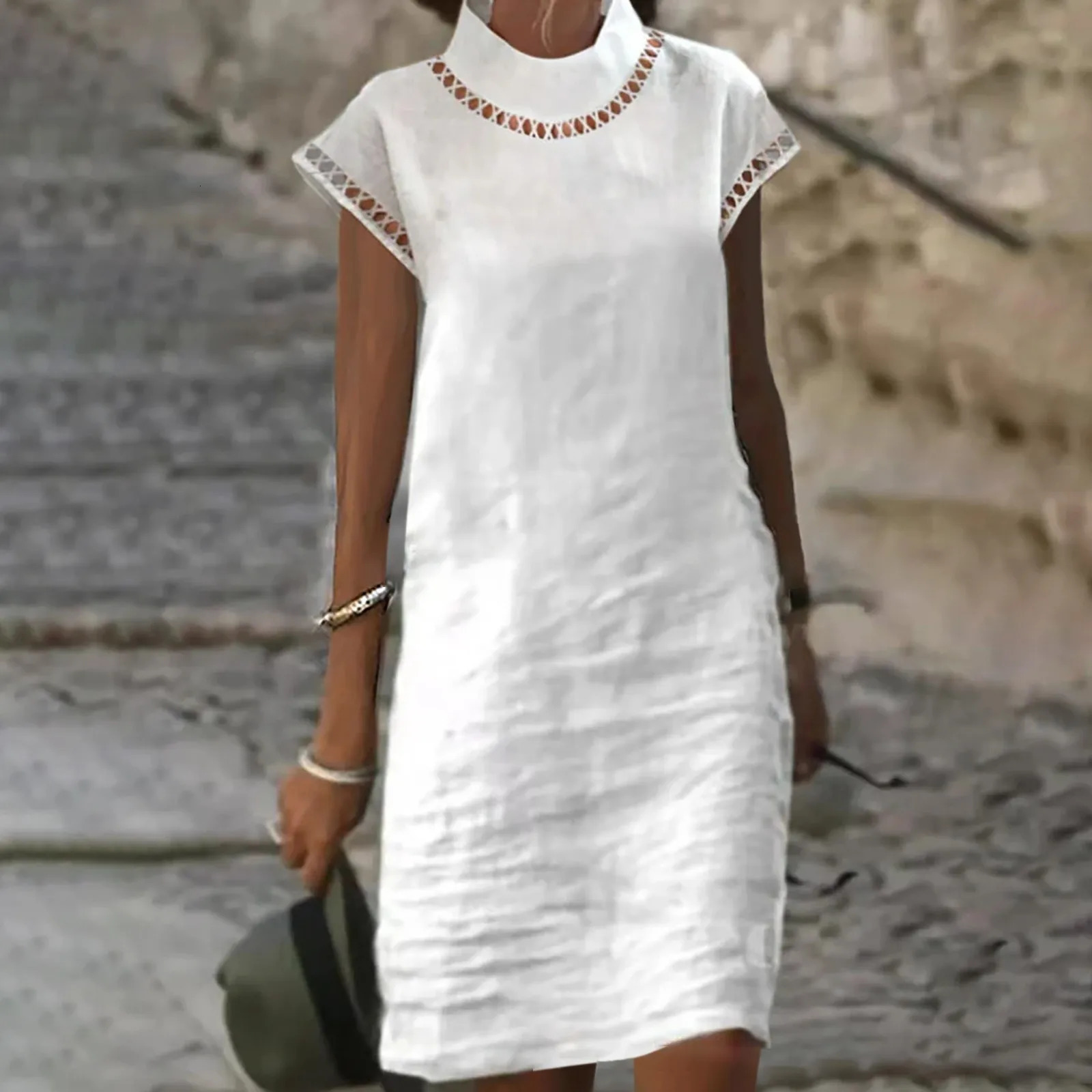 Casual White Cotton Linen Dresses for Women Pullover Loose Medium Length Dress Retro Stand Collar Short Sleeve Boho Party Dress 250618