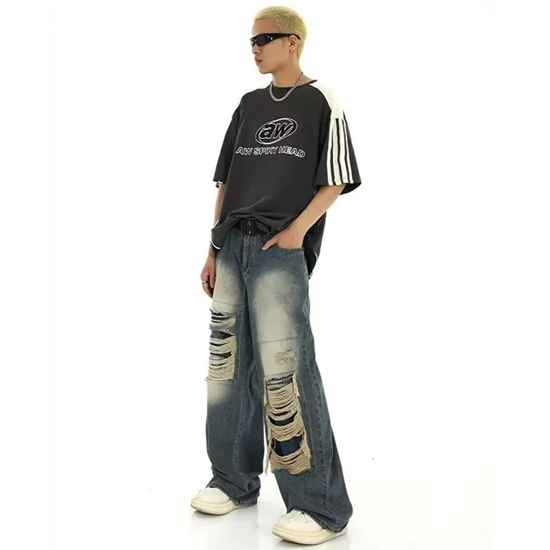 Hole Patchwork Baggy Jeans Man Pants American Vintage Straight Wide Leg Pants Hip Hop Street Punk Y2k Jeans Loose Denim Trousers 250617