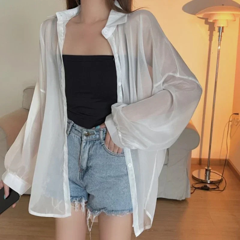 Women Shirt Long Sleeve Top Blouse Female Chiffon Loose Sexy Solid Summer Cardigan Thin Color Casual Shirt Outerwear 250619