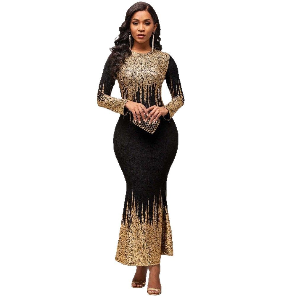 Women Dresses Designer Style Gold Foil Print Slim Fit Long Sleeve Dress Autumn Winter Evening Dress Mermaid Dress Luxury Dress Evening Dress Beach Dre