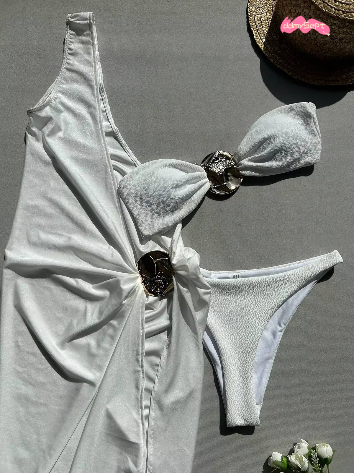 Soldi Color White 3 Piece Swimsuit for Women Sexy Mesh Single Shoulder Robe Cover-ups Bikini Set Strapless Bathing Suit 2025 New ddmysept