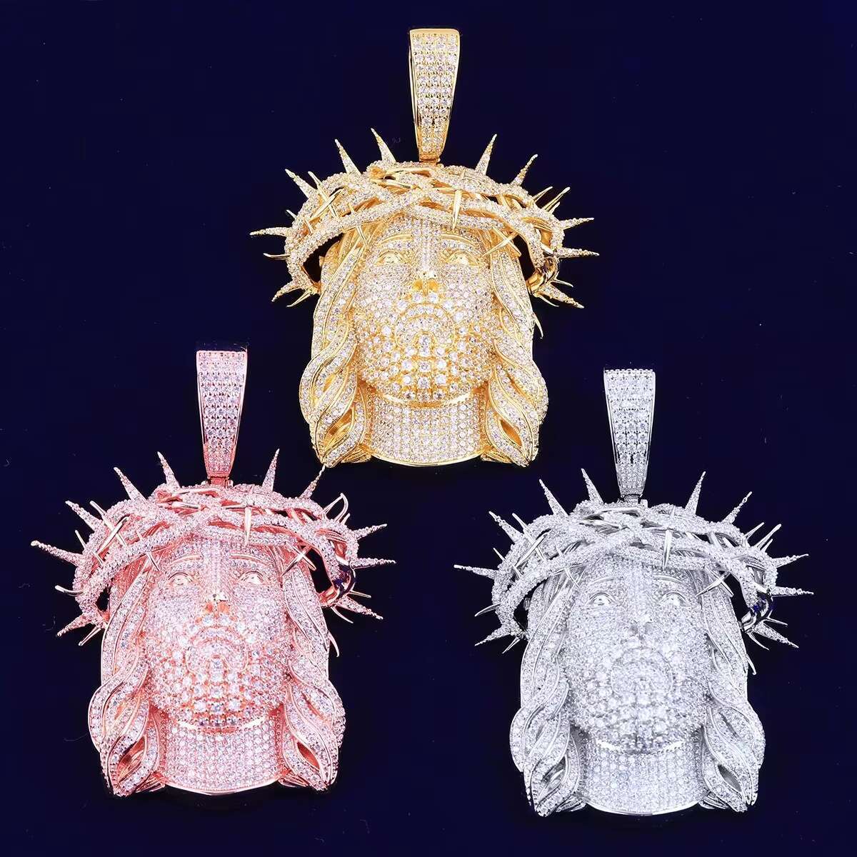 Rose Gold Tone Huge Spooky Big 3D Jesus Head Thorny Zircon Crown Charm Jumbo Pendant Green Cubic Zirconia Necklace