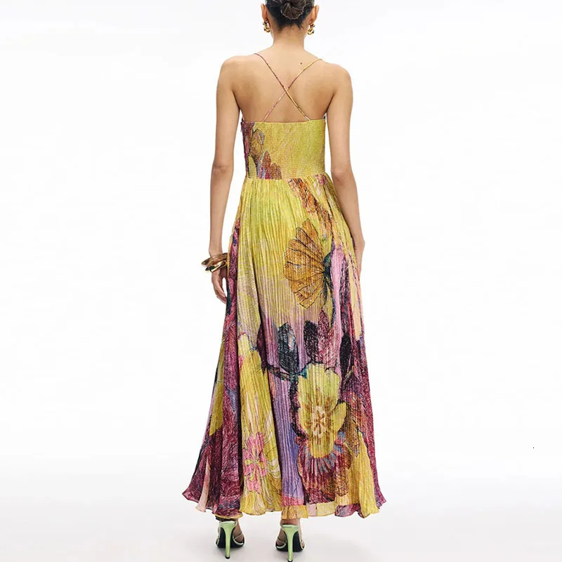 2025 Sexy Sling High Waist Party Dress Woman Elegant Pleated Print Robes Dress Summer Fashion Sleeveless Hollow Boho Dresses 250618