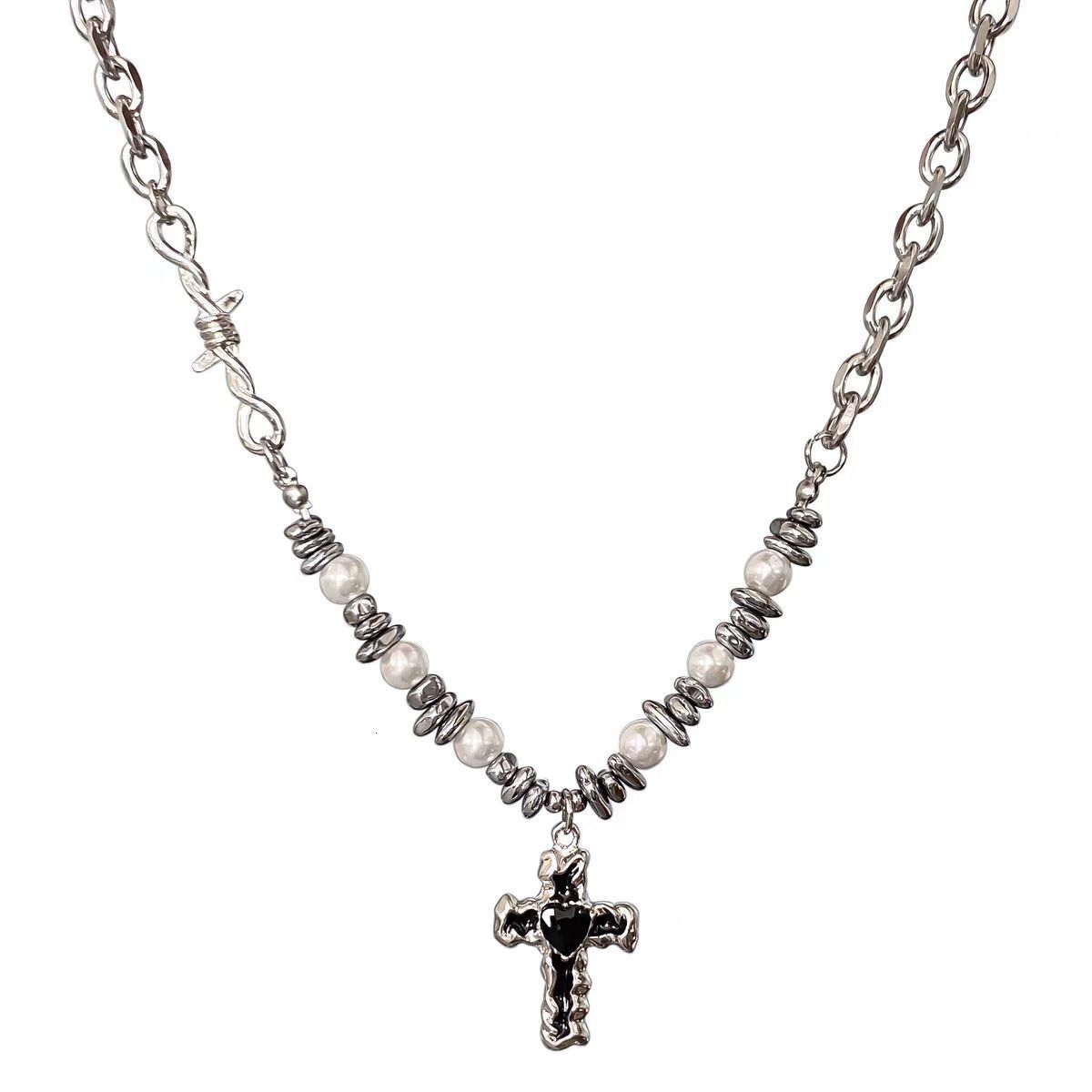 2025 Luxury Premium Pearl Irregular Gemstone Splice Cross Hip Hop Y2K Niche Unisex Versatile Unique Clavicle Statement Chain Silver fashion jewelry ne