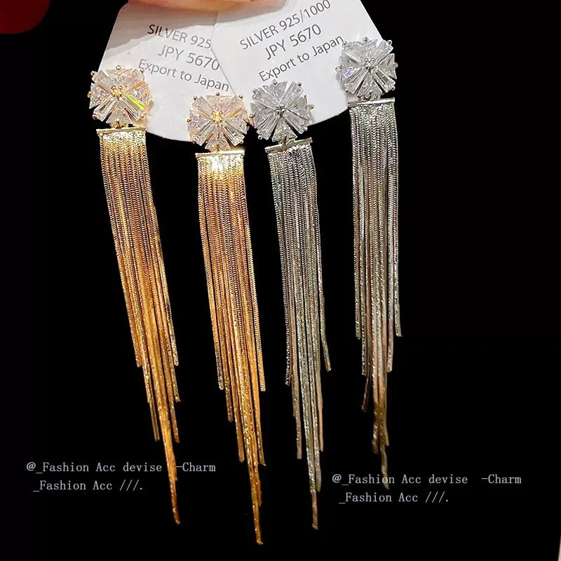 2024 Zirconia Crystal Long Tassel Drop Earrings For Women Gold Color Elegant Bridal Earrings Party Jewelry Oorbellen250616