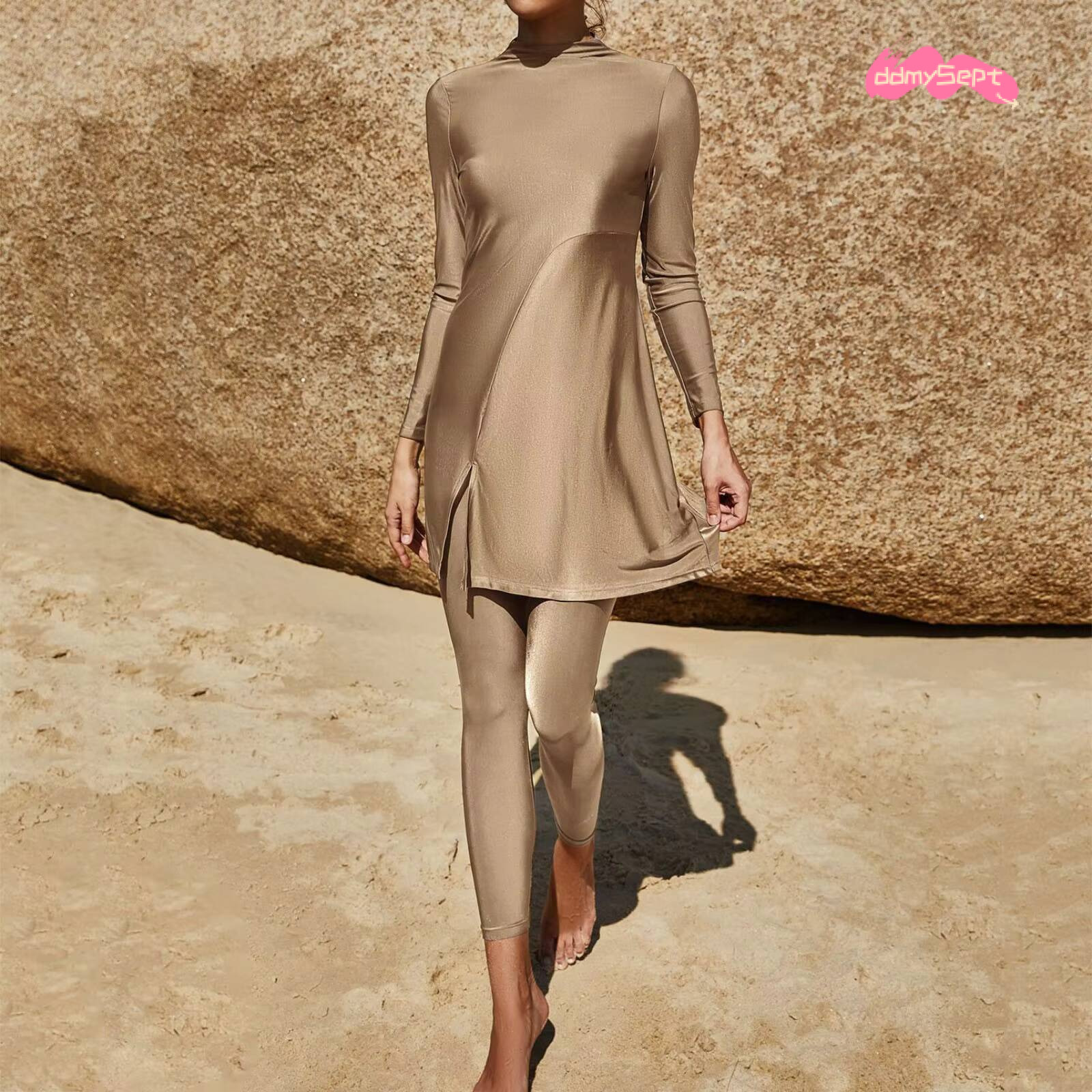 Summer Burkini Muslim Swimwear Female Two Piece Set Swimsuit Solid Sleeve Beach Wear Long Panties Beachwear For Women ddmysept