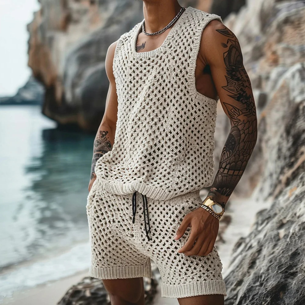 Mens Y2k Hollow Mesh Short-Sleeved Shirt And Shorts Two-Piece Suit Daily Beach Breathable Versatile Simple Suit Summer 250618