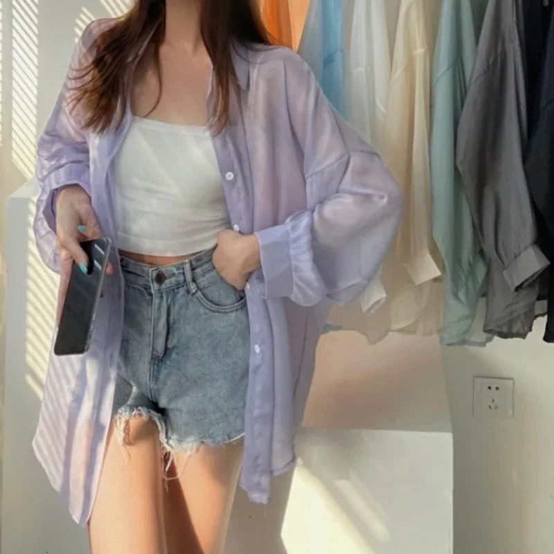 Women Shirt Long Sleeve Top Blouse Female Chiffon Loose Sexy Solid Summer Cardigan Thin Color Casual Shirt Outerwear 250619