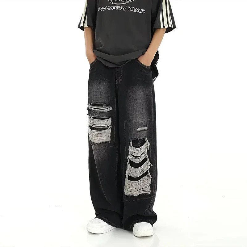 Hole Patchwork Baggy Jeans Man Pants American Vintage Straight Wide Leg Pants Hip Hop Street Punk Y2k Jeans Loose Denim Trousers 250617