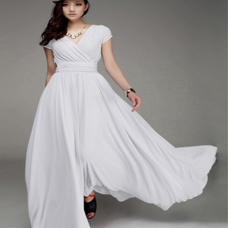 X619Cross-border V-neck short-sleeved Bohemian chiffon waist dress evening gown