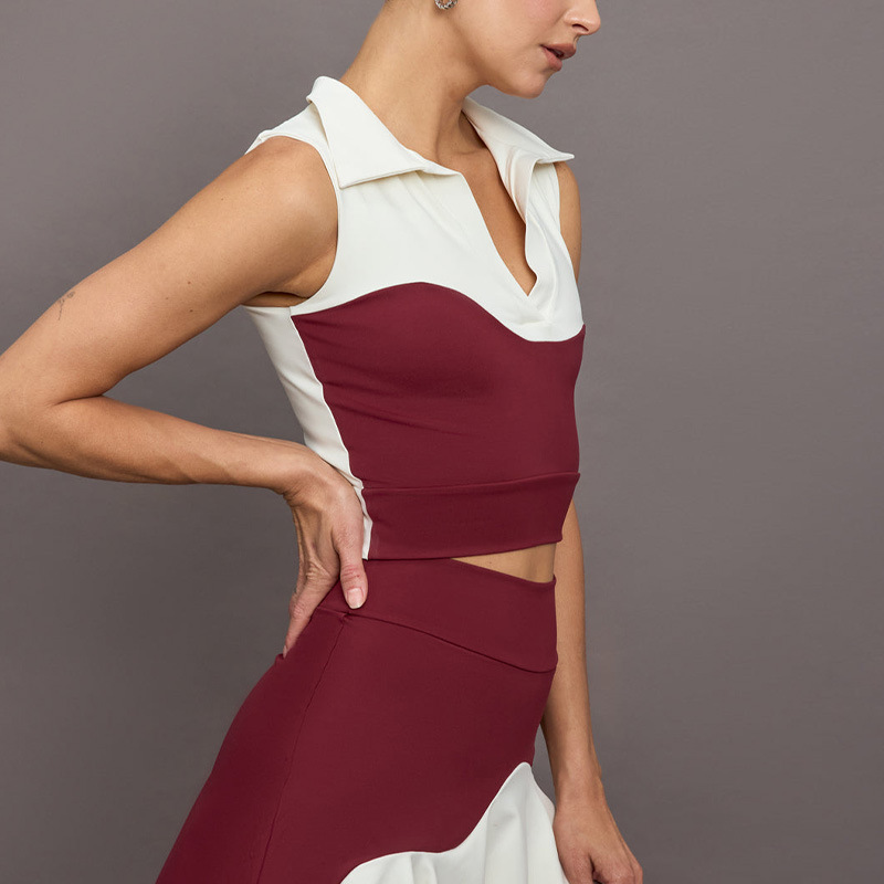 2025-- POLO Neck Sports Vest Splicing Contrast Yoga Clothes Women's Exposure-proof Dance Fitness Wave Tennis Skirt