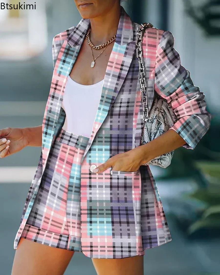 2025 Elegant Two Piece Blazer Suit Sets Women OL Office Sets Slim Cardigan Blazer Shorts Solid 2 Piece Set Casual Blazers Set 250617