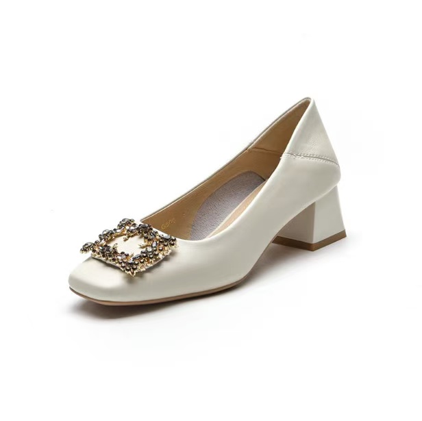 crystal square buckle med-high heels shoes woman new designer leather knitting pumps metal heeled tacones mujer plus