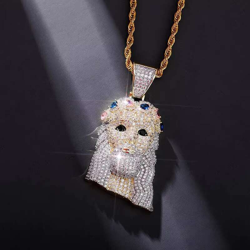 Rose Gold Two Tone Huge Spooky Big Jesus Head Zircon Charm Iced Out Color Gem Crown Jumbo Pendant Cubic Zirconia Necklace