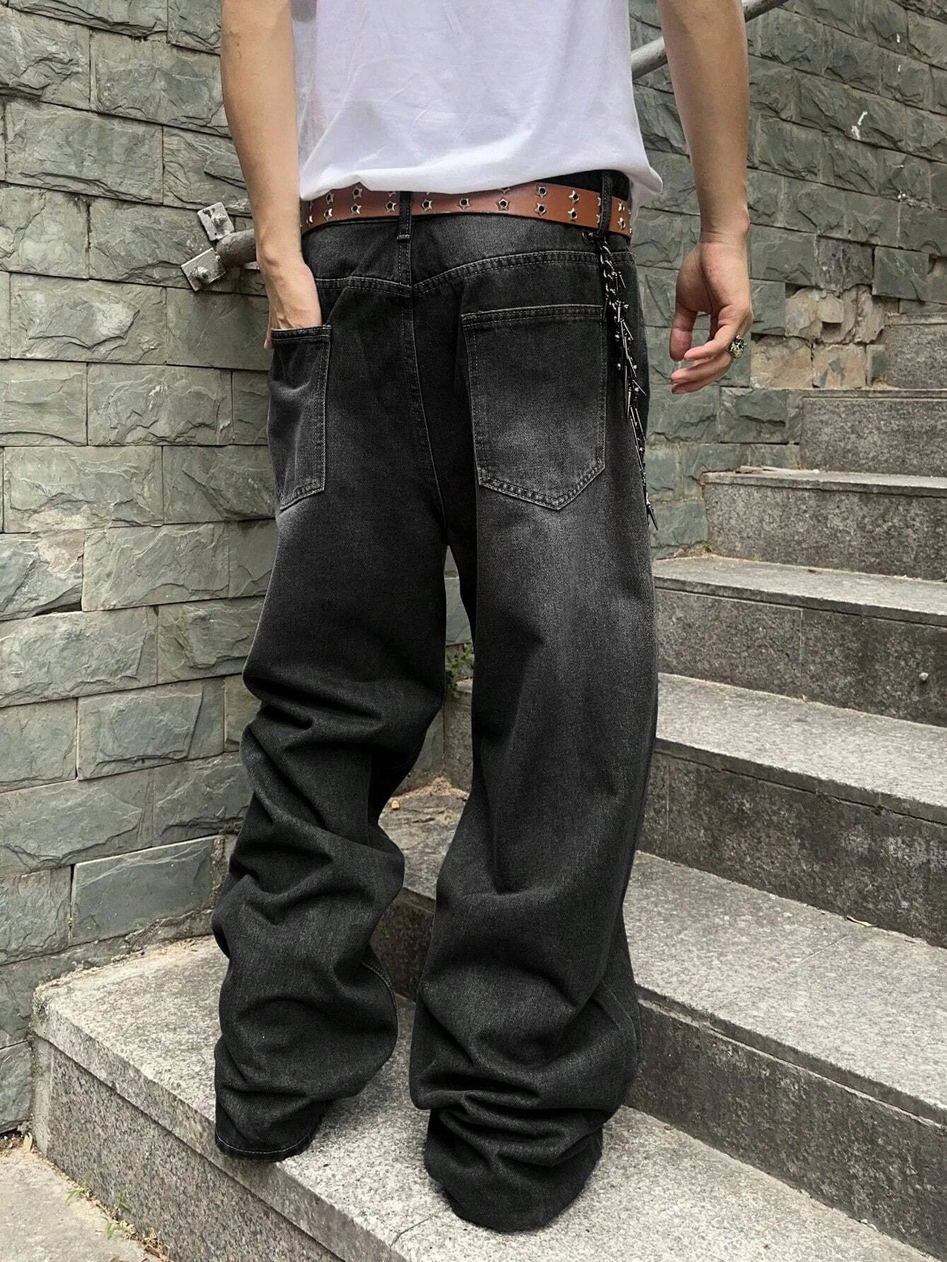 1Pc Mens Daily Travel Casual American Street Loose Jeans Black Light Blue Sea Blue Fashion Street Style Retro Lantern Jeans Denim Pants 250617
