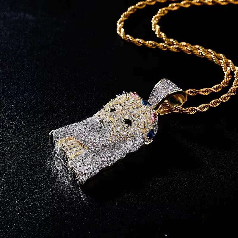 Rose Gold Two Tone Huge Spooky Big Jesus Head Zircon Charm Iced Out Color Gem Crown Jumbo Pendant Cubic Zirconia Necklace