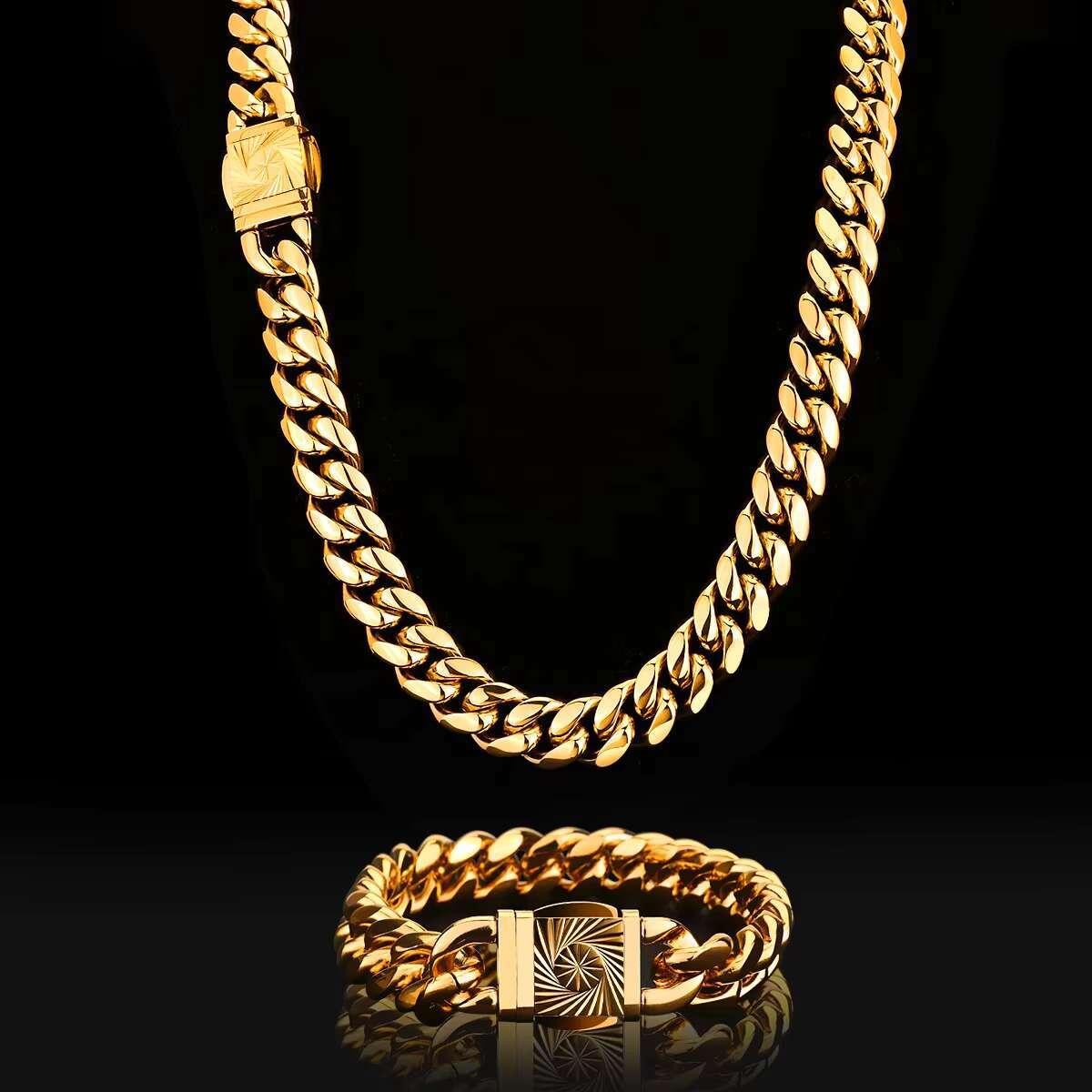 Wholesale Custom Hip Hop Stainless Steel 14K 18K Gold Plated Engraved Lock Clasp Miami Cuban Link Chain