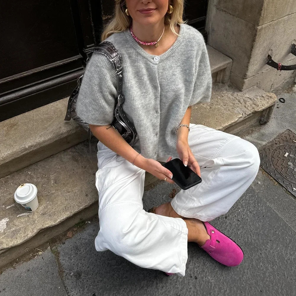 Combhasaki Womens Solid Color Y2K Vintage Loose Cardigan Short Sleeve Round Neck Button Down Knitted Sweater Tops Streetwear 250618