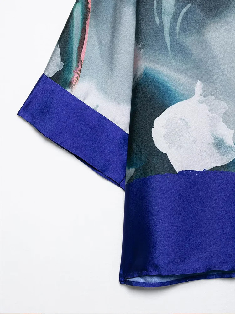 European and American style spring fashion womens clothing printed silk satin texture lapel casual longsleeved shirt 250617