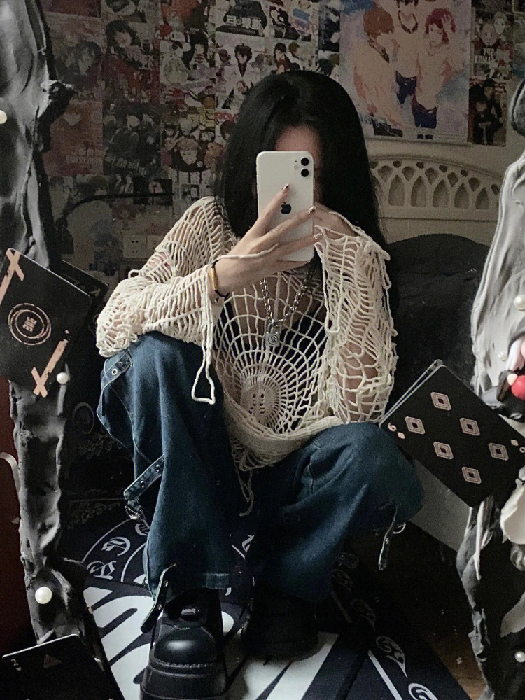 ADAgirl Y2k Spider Web Hollow Out Sweaters Hole Crochet Knit Top Punk Grunge E-Girl Pullover Hoohed Streetwear Goth Mesh Clothes 250618