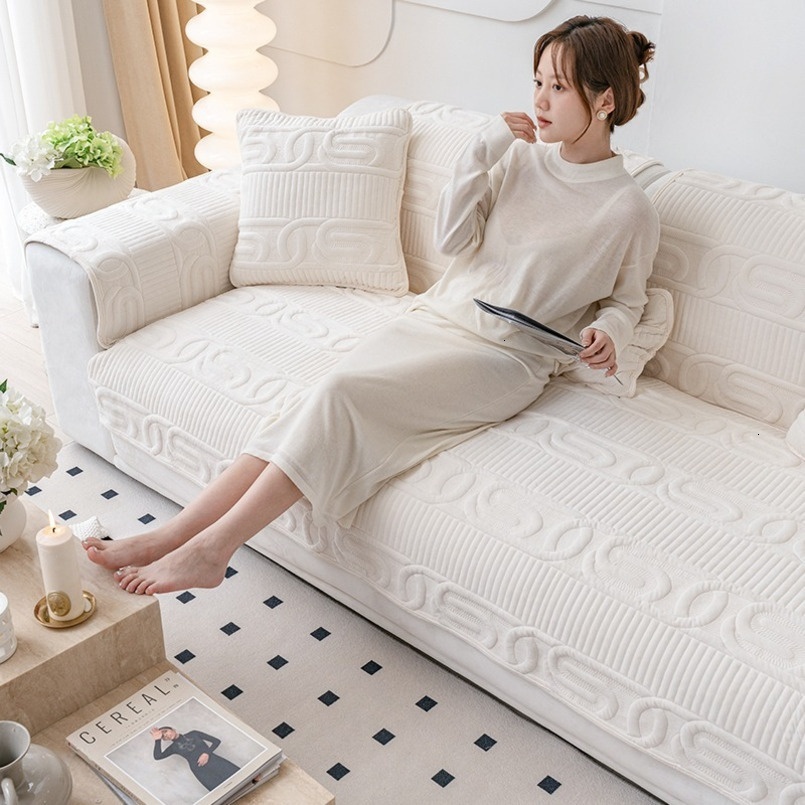 Thick Short Plush Fabric Non-Slip Modern New White Light Luxury Seat Cushion Anti-Cat Scratch Sofa Cover