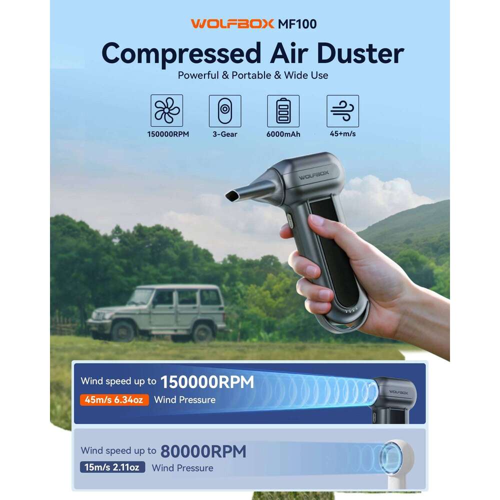 wolfbox mf100 electric duster air blower150000rpm super power rechargeable 3gear brushless motor for car pc home outdoor