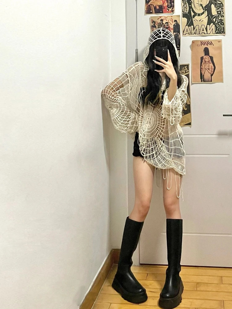ADAgirl Y2k Spider Web Hollow Out Sweaters Hole Crochet Knit Top Punk Grunge E-Girl Pullover Hoohed Streetwear Goth Mesh Clothes 250618