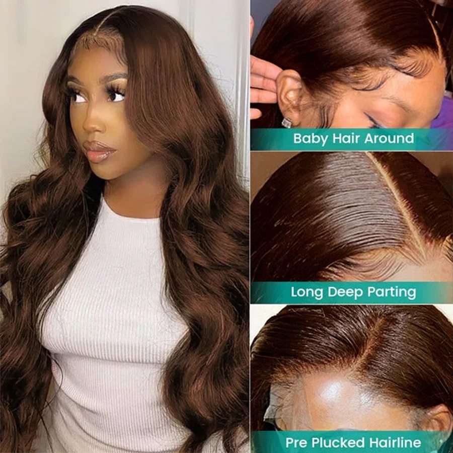 34 Inch Chocolate Brown Body Wave 13x4 HD Lace Front Human Hair Wigs Pre Plucked Brown Transparent Lace Frontal Wigs Synthetic For Women
