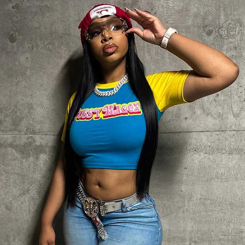 CUTENOVA Letter Printed Color Clashing Round Neck Pullover Spice Girls Short Halter Short Sleeve T-Shirt Tops For Y2K Girls Wear M250611