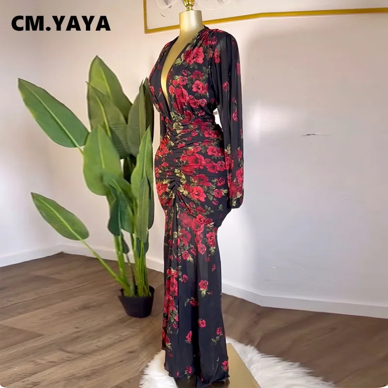 CMYAYA Women Full Sleeve Floral Print Vneck Elegant Long Dress Ruched Holiday Birthday Evening Sexy Party Dresses Vestidos 250609