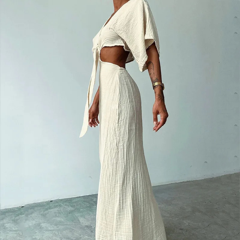 Solid Cotton Linen Dresses Women Sexy Spring V Neck Hollow Out Long Dress Summer Backless Batwing Sleeve Slim Party Robe Femme 250618