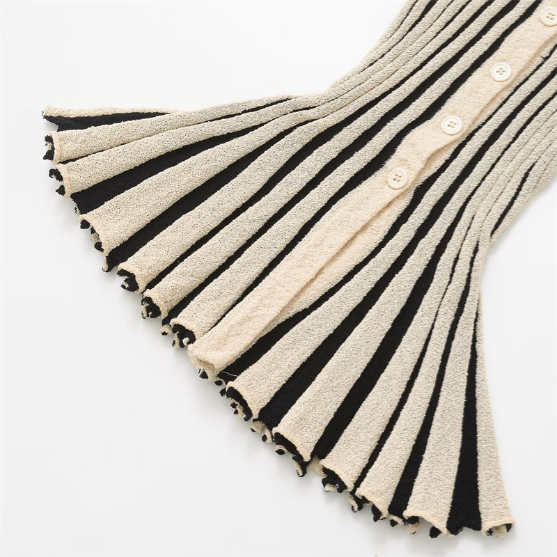 2025 Spring/Summer New Casual Women's Clothing Striped Cut Shoulder Down Coat Round Neck Buckle Decoration