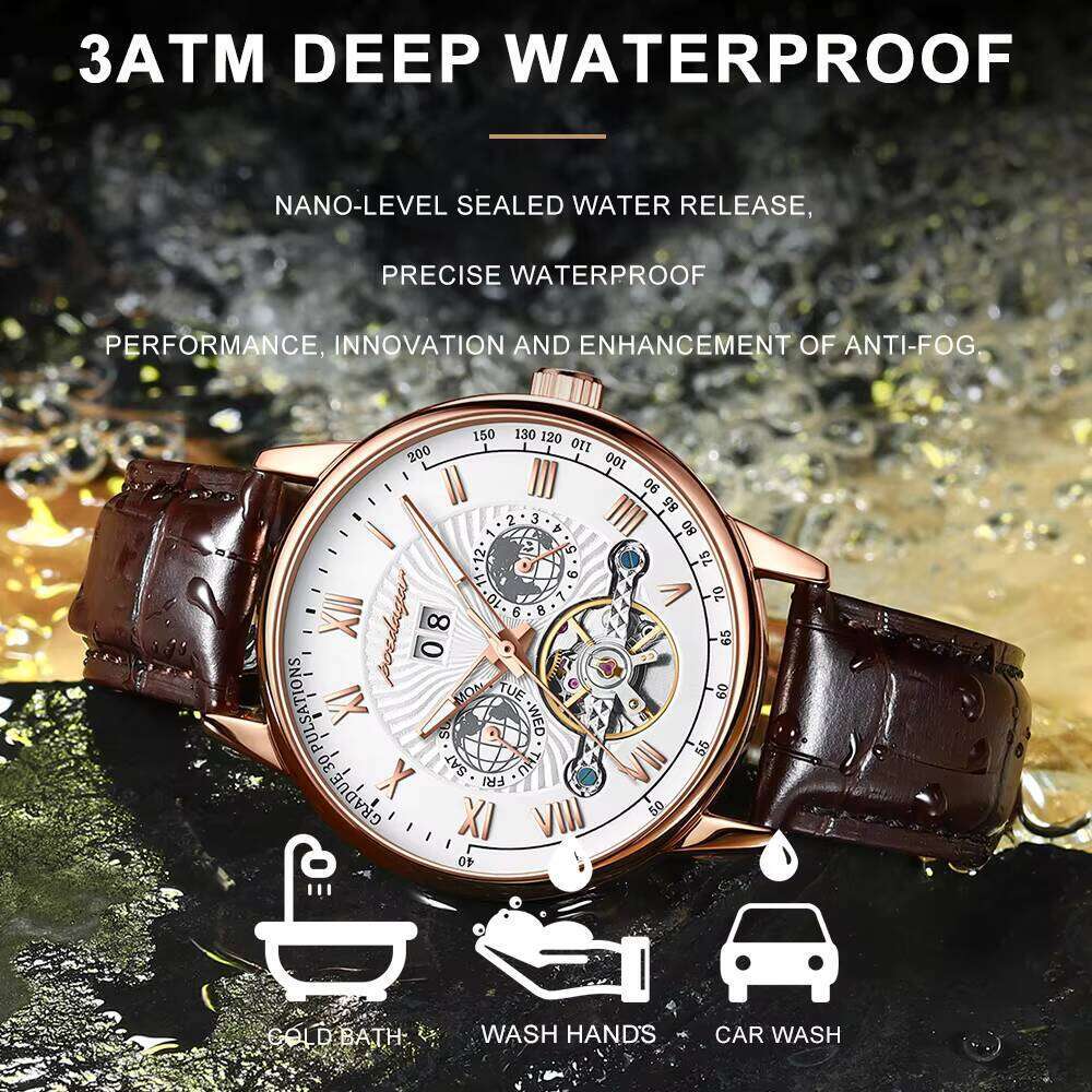 DHgargets Automatic Mechanical Tourbillon Business Casual Date&Week&Month Luminous Waterproof Leather Men Watch Hot Relojes