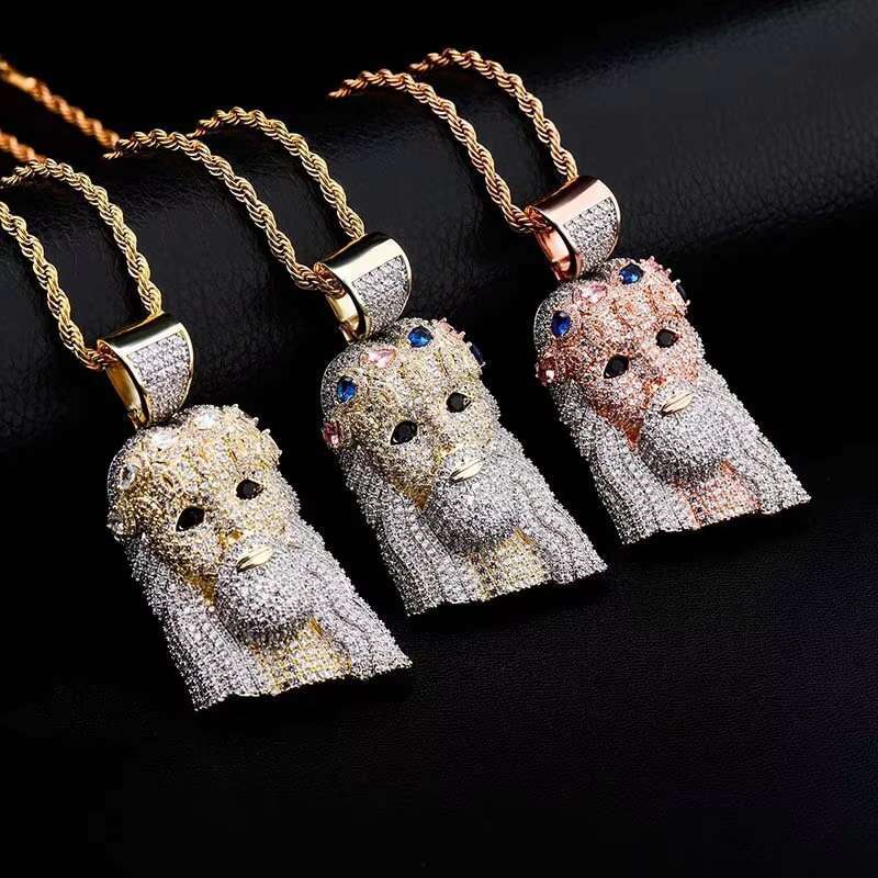 Rose Gold Two Tone Huge Spooky Big Jesus Head Zircon Charm Iced Out Color Gem Crown Jumbo Pendant Cubic Zirconia Necklace