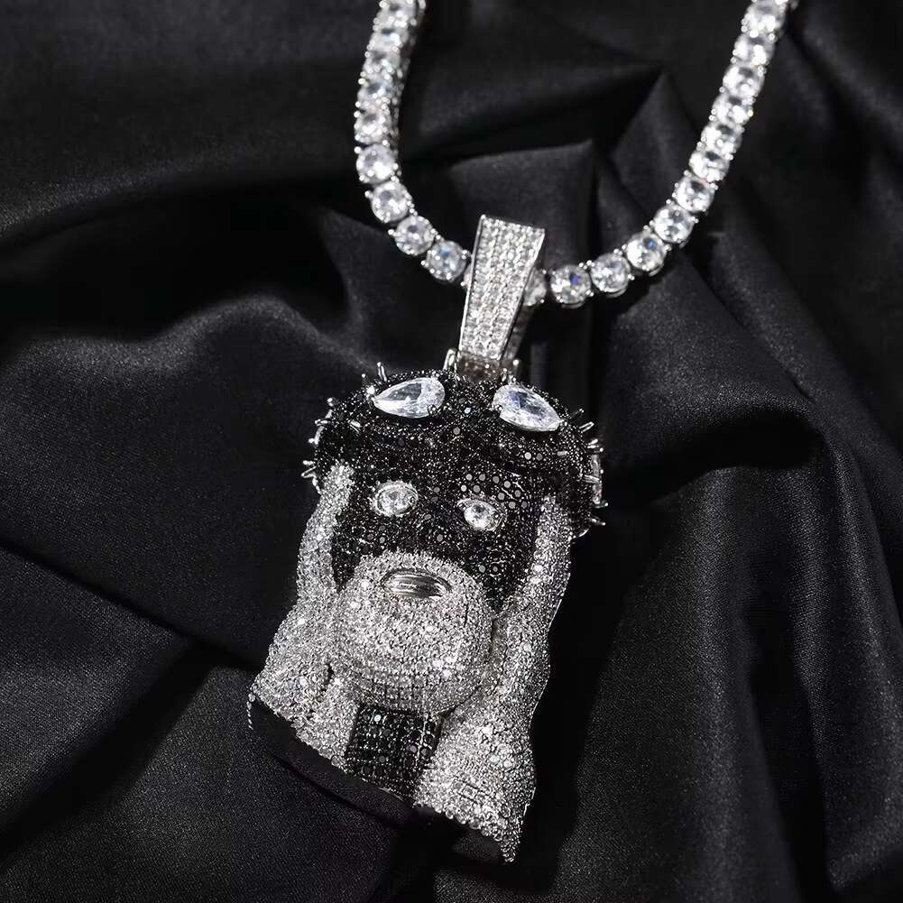 Huge Two Tone Spooky Silver Jesus Head Face Zircon Black Crown Charm Iced Out Jumbo Pendant Black Cubic Zirconia Necklace