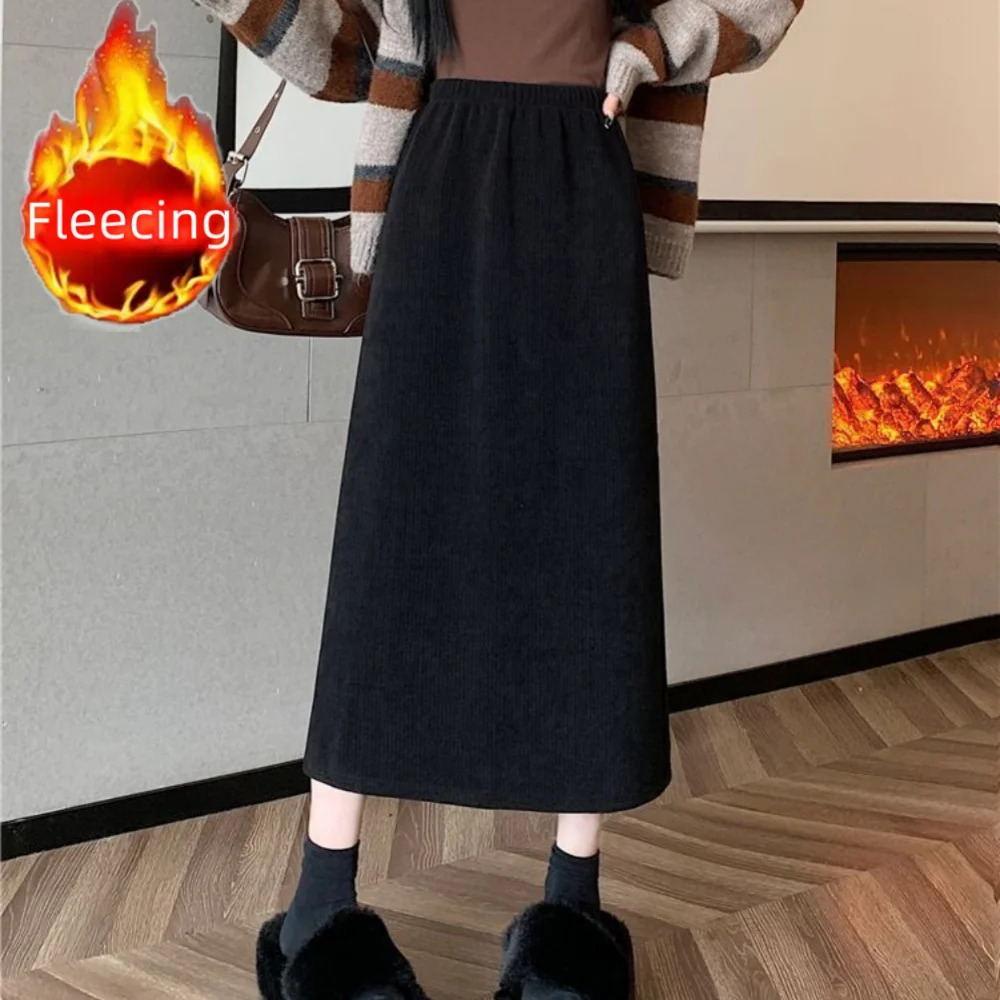 Vintage Elegant Office Ladys A-Line Skirt Back Slit Elastic Waist Thick Womens Skirt In Winter Fleece Warm Females Skirt 250619