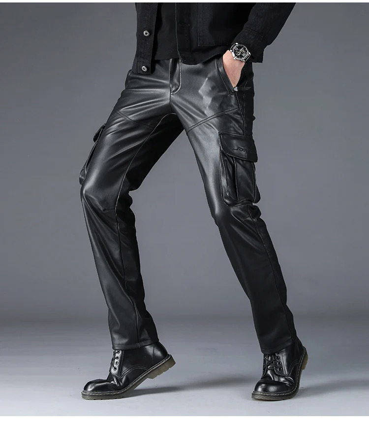 Men's Multi Pockets Motorcycle Soft Waterproof Windproof Biker Workwear PU Faux Leather Cargo Pants y250614