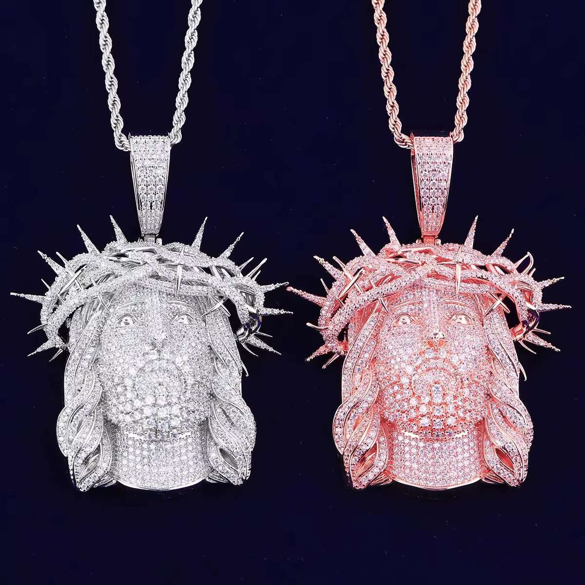 Rose Gold Tone Huge Spooky Big 3D Jesus Head Thorny Zircon Crown Charm Jumbo Pendant Green Cubic Zirconia Necklace