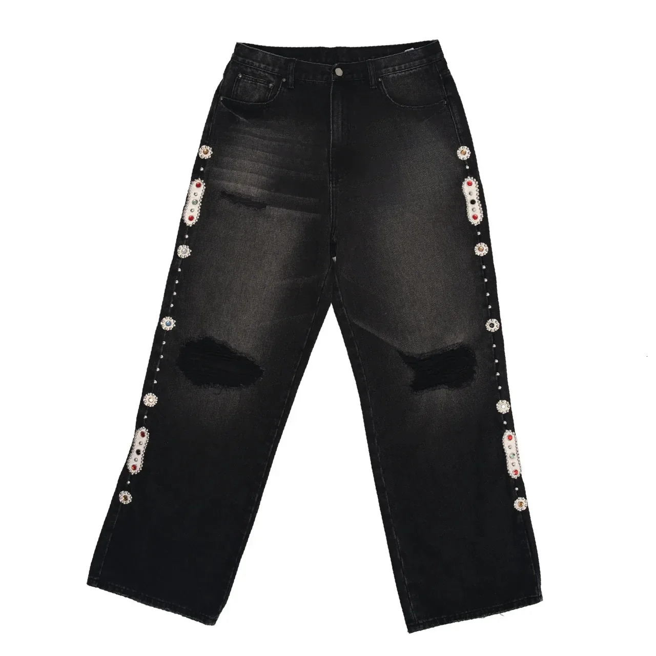 Sorrows Rhinestone Embellished Black Jeans Y2k Punk Vintage Black Streetwear Baggy Wide Leg Jeans Men Women Ripped Denim Pants 250617