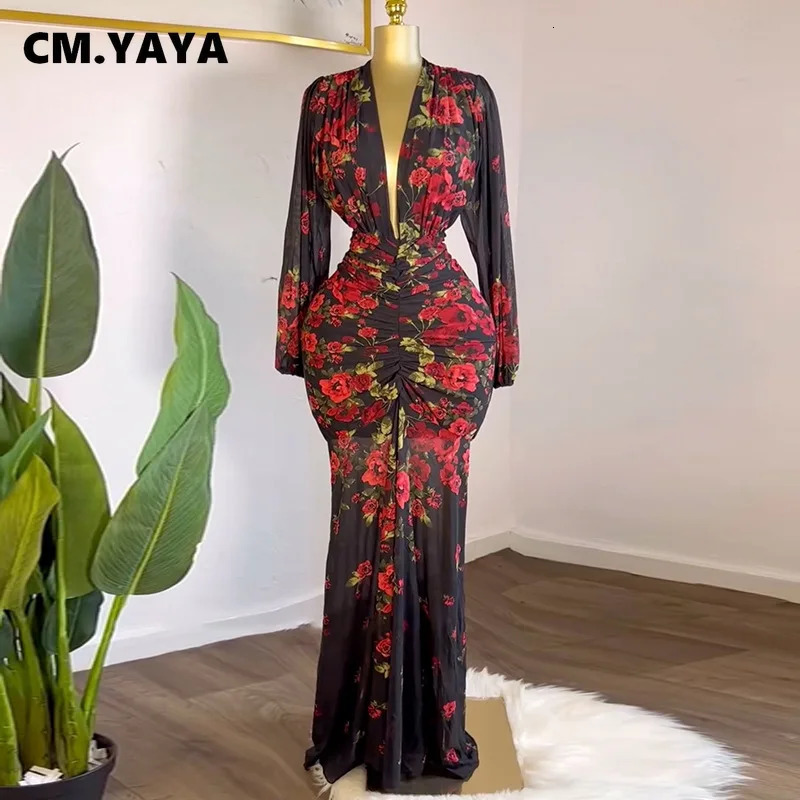 CMYAYA Women Full Sleeve Floral Print Vneck Elegant Long Dress Ruched Holiday Birthday Evening Sexy Party Dresses Vestidos 250609